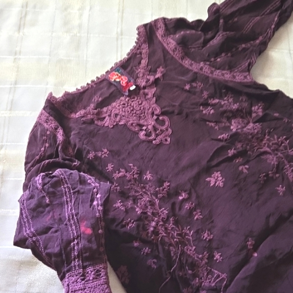 Johnny Was Purple Embroidered 3/4 Sleeve Blouse - Picture 11 of 13